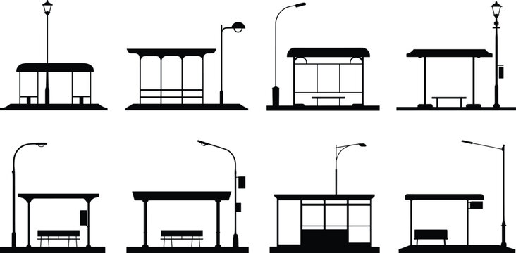 Silhouette collection of bus stop shelters with streetlamps, urban infrastructure artwork, public transportation illustration, architectural design inspiration