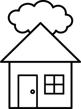 Minimalist black line art vector house with triangular roof and cloud above simple home outline design isolated