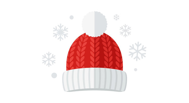 Cozy red knitted beanie hat with a fluffy white pompom, surrounded by falling snowflakes, isolated white background. Warm winter headwear.