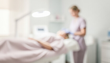 A soft-focused image of a woman receiving a facial treatment in a spa or clinic. A beauty therapist is gently performing the procedure, creating a calming atmosphere.