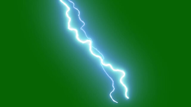 Realistic blue lightning storm bolts flashing across, cartoon lightning energy burst flash fx animation, electric strike isolated on green screen background with powerful thunder glow. 4k