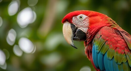 Fototapeta premium Close-up portrait of a vibrant Scarlet Macaw parrot with colorful red, green, and blue feathers in a natural, blurred green background.