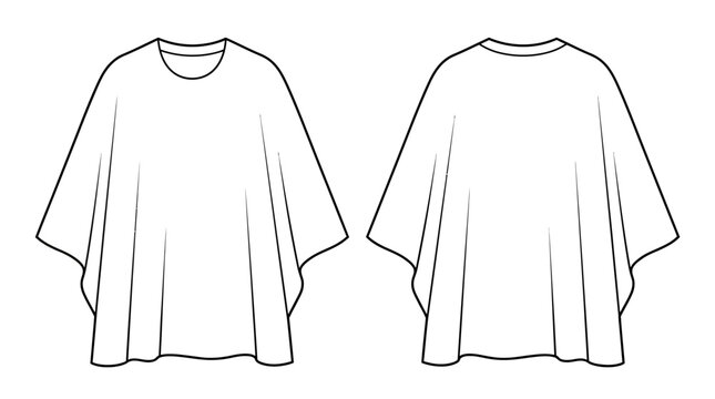 Minimalist women's loose-fit poncho top outline technical fashion flat sketch vector illustration. Front and back view design template for apparel creation, clean and modern