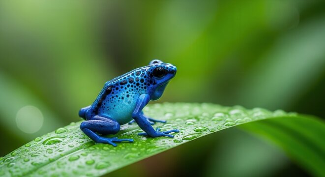A striking blue poison dart frog with black spots sits on a wet green leaf, surrounded by lush, blurred jungle foliage.