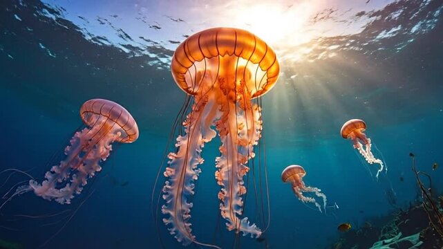 Vibrant jellyfish gracefully swimming in the deep blue ocean, illuminated by sunlight filtering through the water.