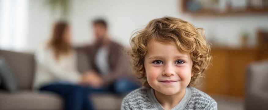 The child smiling in a living room with blurred parents in background