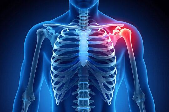 Pain in the human shoulder joint Human skeleton chest and shoulder joint with red pain indication