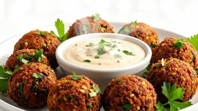 Delicious falafel balls served with a creamy dipping sauce and fresh parsley on a white plate.
