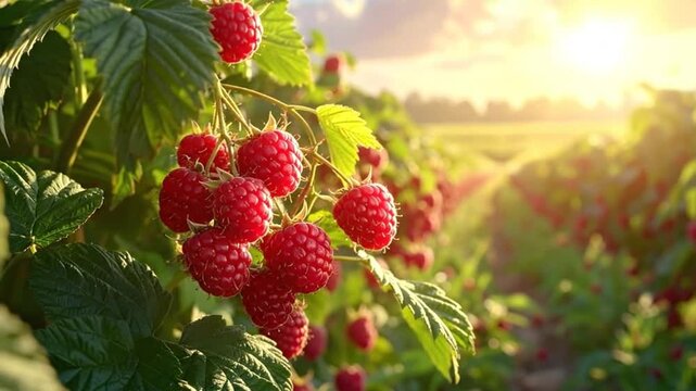 Close-up of ripe raspberries growing on a bush, bathed in warm sunlight, ready for harvest.