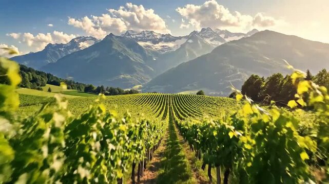 Scenic vineyard rows stretch towards majestic mountains under a bright blue sky, perfect for travel.
