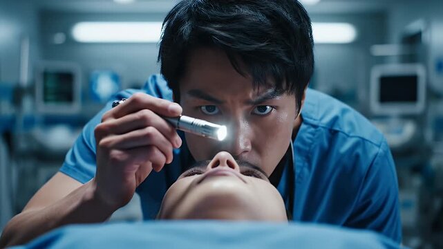 Close up POV shot of a doctor in blue scrubs examining a patient's eyes with a penlight in a dimly lit operating room with medical equipment in the background