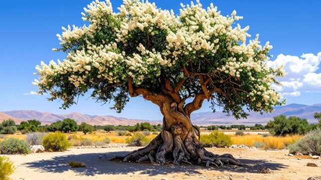 A majestic tree with white flowers stands in a desert landscape under a bright blue sky.