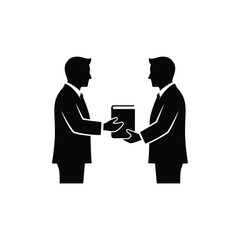 Fototapeta premium Two black silhouettes of men in business suits exchanging a tablet