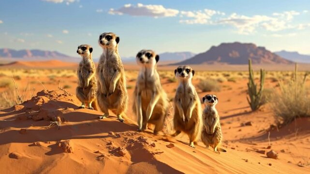 A group of meerkats standing upright on a sandy dune, observing their surroundings under a bright sky.