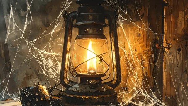 An old lantern glows warmly, casting light on a spiderweb-covered wooden surface in a rustic setting.