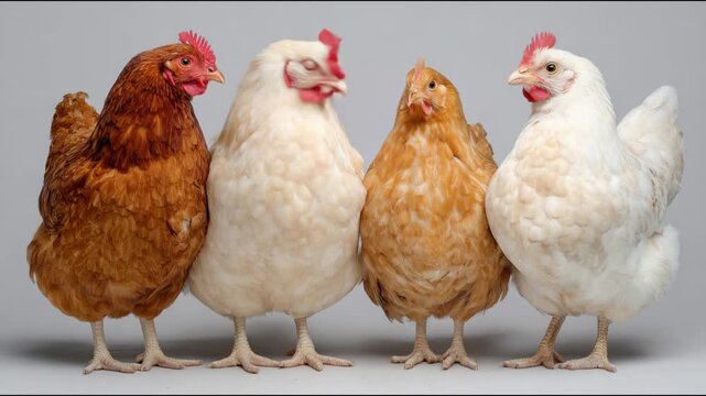 Group of four hens of different colors standing together in a line against a gray background