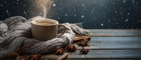 The cup of steaming coffee on a cozy knit with spices and snow
