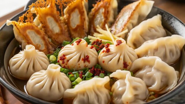 Steamed dumplings and pan-fried dumplings with vegetables in a black bowl