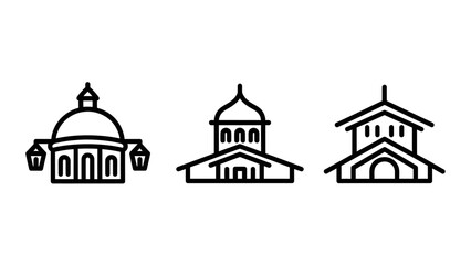 Obraz premium Set of three outline icons representing classical buildings with domes and columns on a white background with building facade