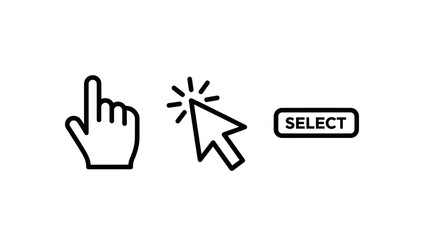 Fototapeta premium Outline icons for online interaction: a pointing finger, a cursor clicking a button, and a 'select' button on a white background
