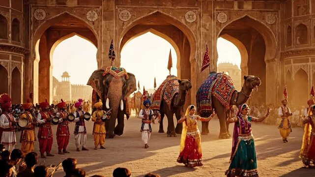 Vibrant procession with decorated elephants and traditional Indian dancers in a historic Rajasthan palace on a sunny day in India.