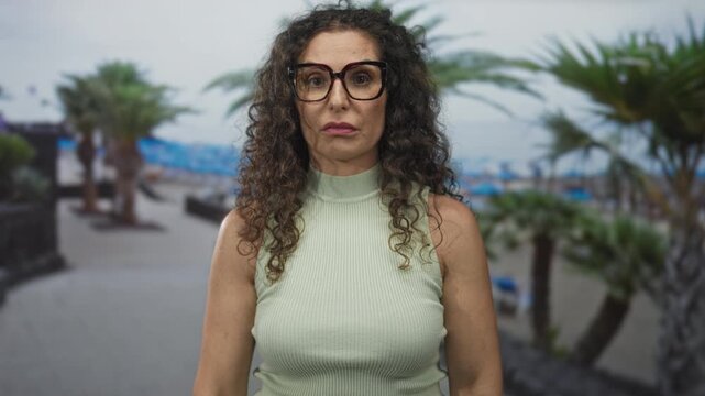 Woman shrug arms on street lined with palm trees along a concrete boardwalk by the sea; uncertainty.