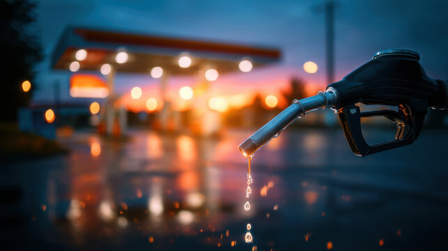Fuel nozzle dripping fuel at sunset with blurred gas station canopy and wet pavement reflecting warm lights