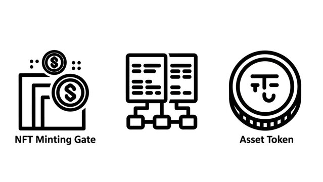 Nft minting gate, asset token, and blockchain network icons set