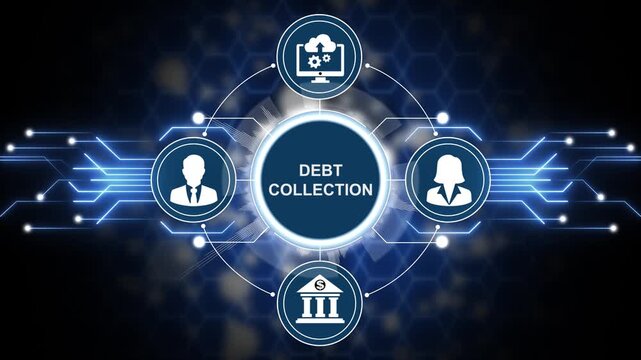 Debt collection business finance concept. Collector or bailiff using virtual touch screen push inscription DEBT COLLECTION