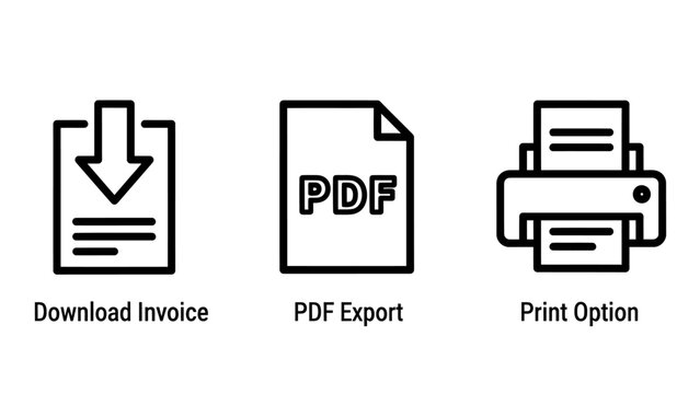Document action icons: download invoice symbol, pdf export file, and printer for print option, representing document management, flat design