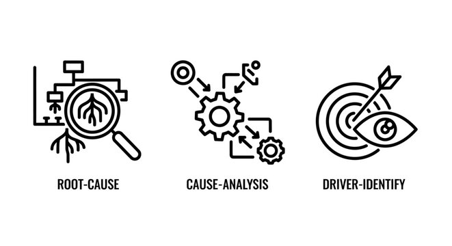 Business problem solving icons: root cause analysis, causal investigation, and key driver identification