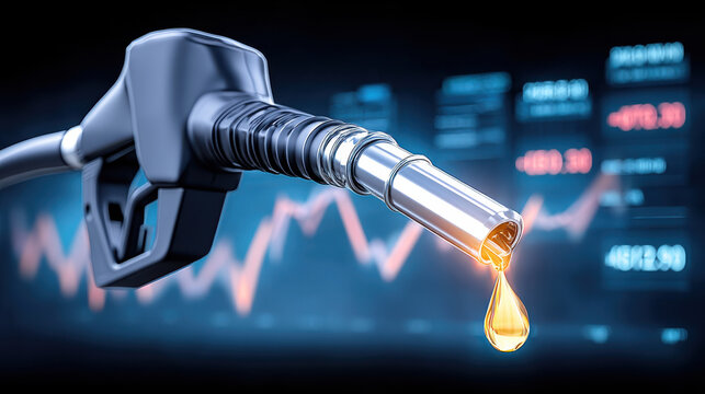 Fuel nozzle close up with dripping fuel and blurred financial chart background conveying rising energy cost and market volatility