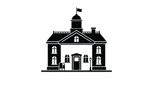 Black silhouette of a post office building with flag on