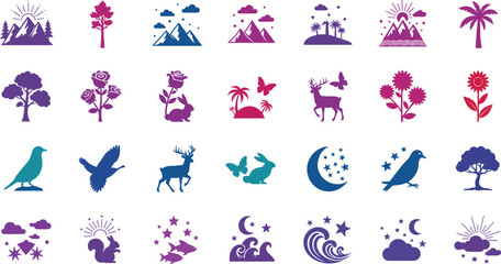 Fototapeta premium Collection of nature and wildlife icons in various colors and shapes