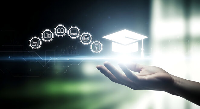 A glowing graduation cap symbolizes the digital education and knowledge acquisition accessible through technology and online learning platforms, highlighting future opportunities