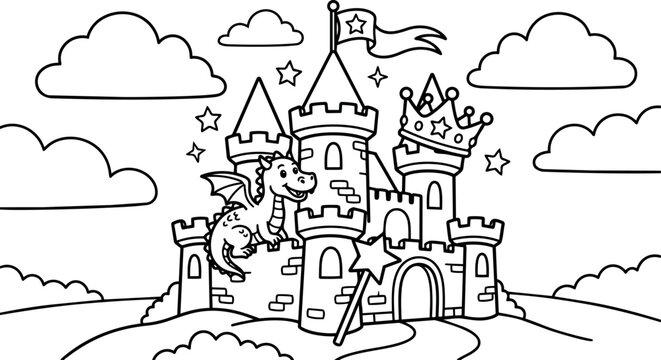 Black and white vector line art medieval castle with friendly dragon on wall magical fantasy landscape with clouds stars and crown tower flag wand in cartoon style