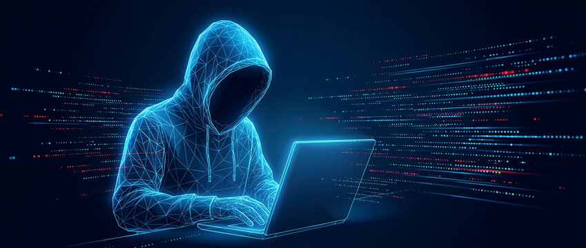 Hacker typing on laptop in digital wireframe mesh, depicted with glowing blue binary data streams for cyber security presentations, technology safety, and IT protection