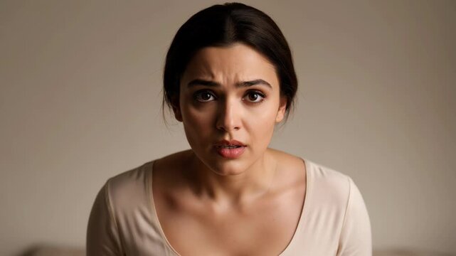 Confused woman facing the camera with subtle facial expressions. Neutral background, soft lighting and slight forward movement emphasizing uncertainty.