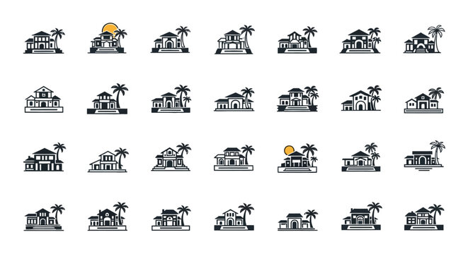 Collection of various house icons with palm trees.