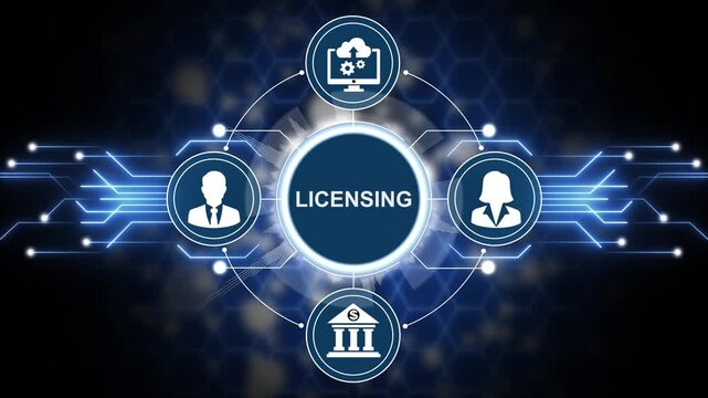 Man using virtual touch interface presses word LICENSING. License agreement business technology concept. Copyright protection law license property rights