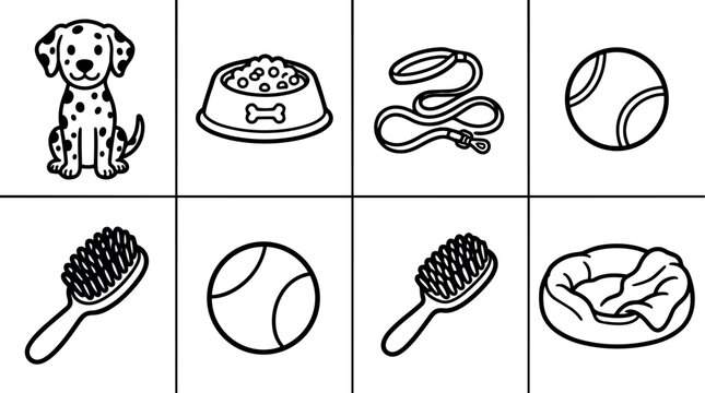 Black and white vector icons of dalmatian dog puppy dog bowl leash tennis ball dog brush and pet bed set