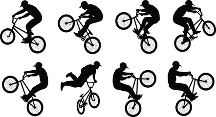 Naklejka premium Energetic BMX rider silhouettes performing freestyle tricks, showcasing jumps, wheelies, and dynamic stunts in bold black illustration for extreme sports and design themes.