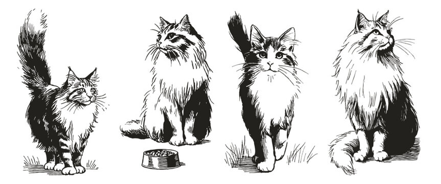 Maine coon cat set fluffy active poses. Illustrations for veterinary advertising and pet shop visuals. Hand drawn style sketch drawing with expressive ink contour lines.