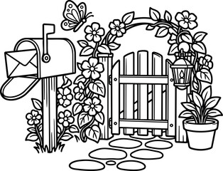 Obraz premium Black and white line art garden gate with open mailbox flowers butterfly and potted plant vector illustration