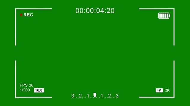 Camera recording screen overlay with alpha channel, digital video recorder display with timer and settings, DSLR camera frame viewfinder interface on green screen background. 4K