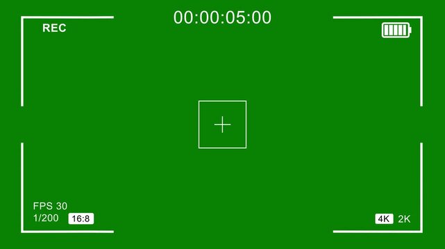 Digital video camera recorder screen overlay on green background, camera viewfinder interface with alpha channel, DSLR camera frame viewfinder, rec text camera recording icon blink animation. 4K