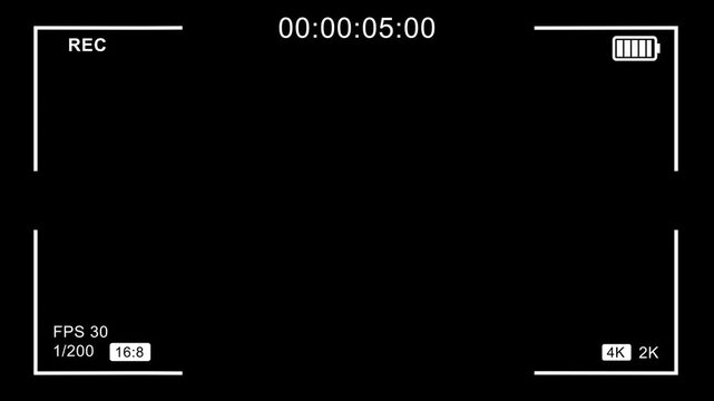 Digital video camera recorder screen overlay on black background, camera viewfinder interface with alpha channel, DSLR camera frame viewfinder recording display timer. 4K