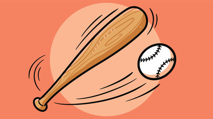 Vector illustration of a baseball bat hitting a ball in motion on orange background © Bst