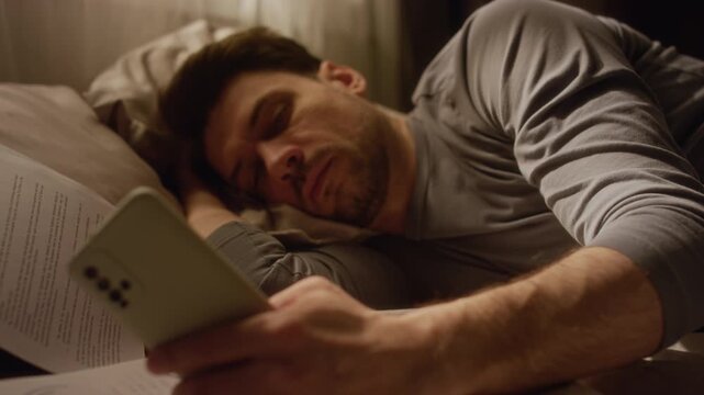 Rack focus of adult man lying on bed swiping phone while getting distracted from paperwork then flopping onto pillow feeling drained and unmotivated