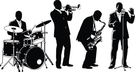 Four jazz musicians silhouettes performing with drums, trumpet, saxophone, and microphone, perfect vector illustration symbolizing live jazz music performance energy © Mortuza Samiha
